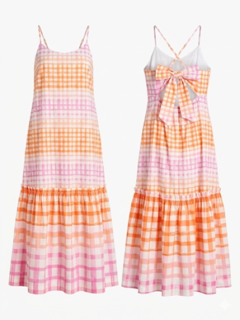 Pink & Orange Gingham Midi Dress with Back Bow